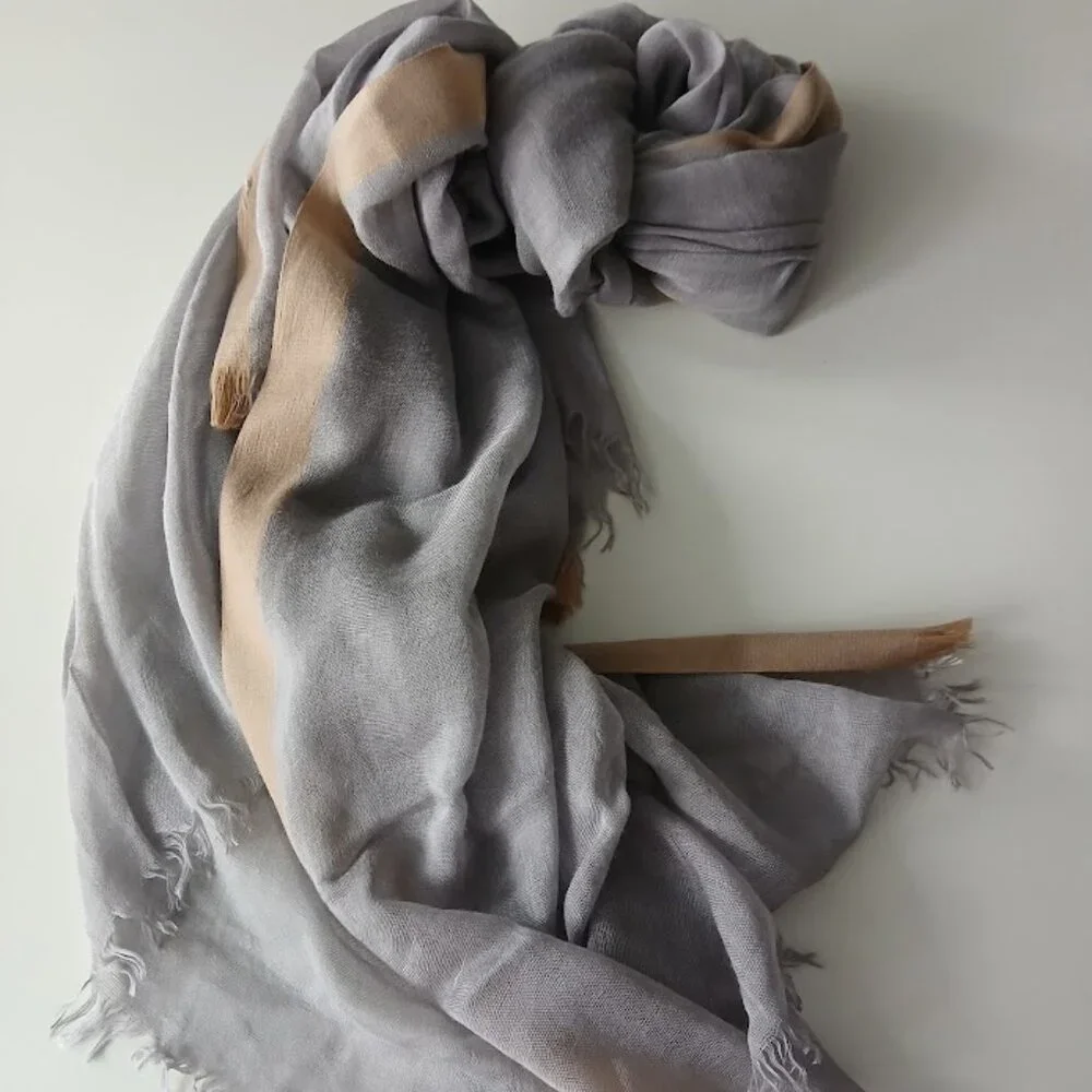 Lovely Silky Scarf Pale Grey & Camel